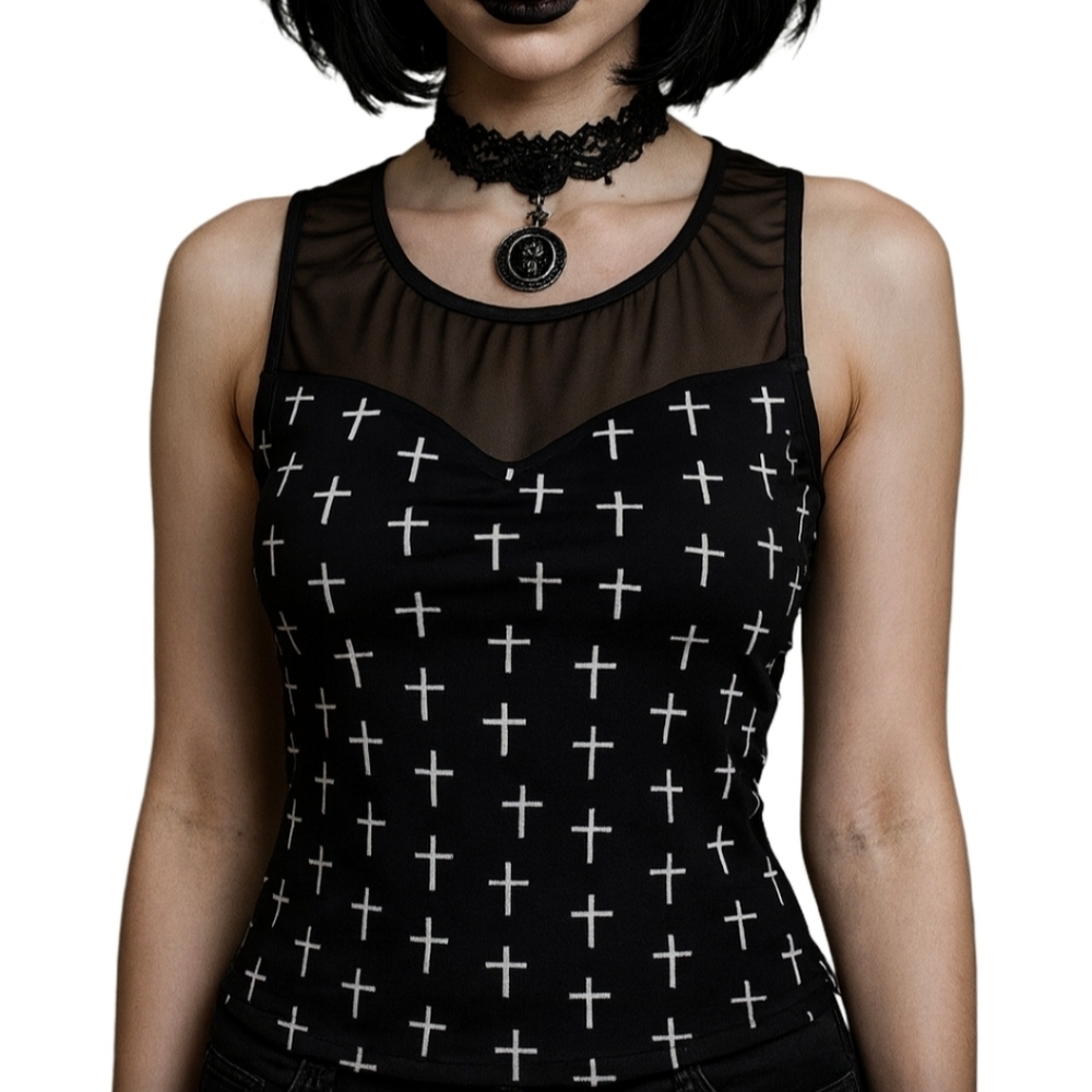 579 Y2K Cross Mesh Cropped Top